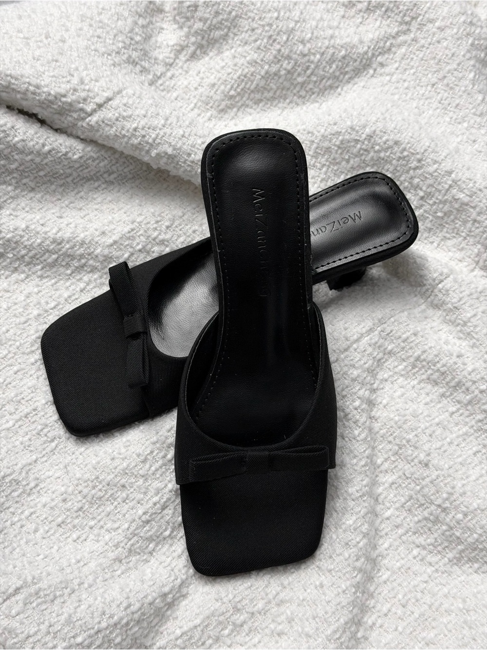 Mezlan Black Square-Toe Mule Sandals with Bow Accent